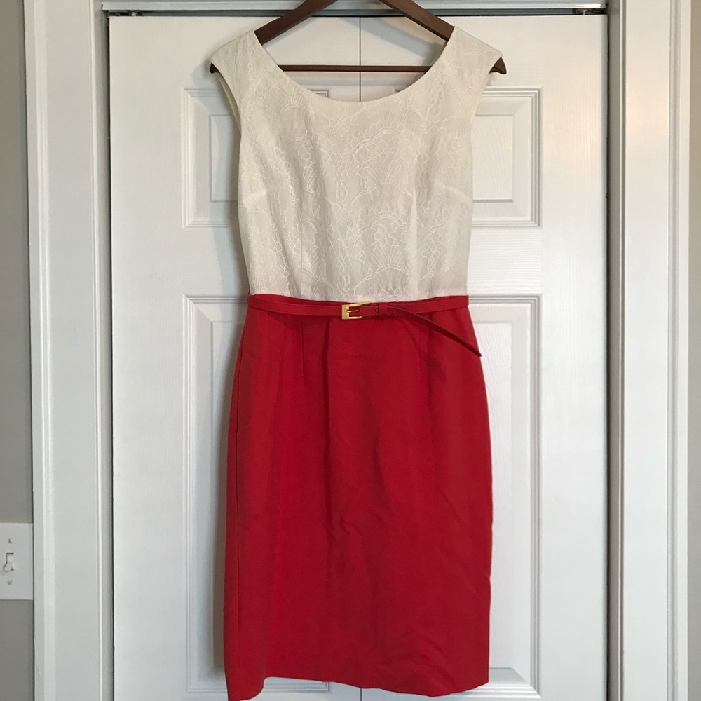 Antonio Melani coral and lace dress with belt sz 6
